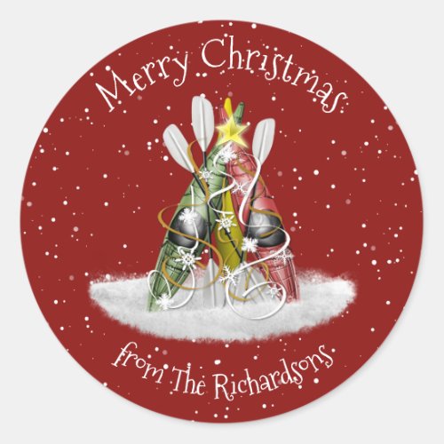 Kayak Christmas Tree kayaks paddles personalized Classic Round Sticker