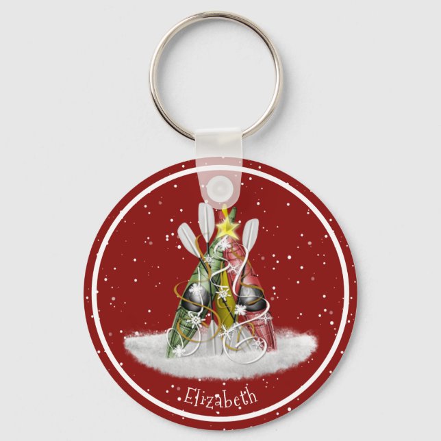 Kayak Christmas Tree kayaks paddles personalized Keychain (Front)