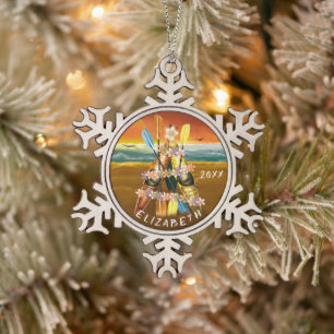 Kayak Christmas Tree on tropical beach at sunset Snowflake Pewter Christmas Ornament