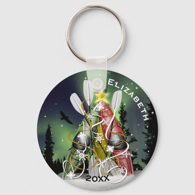 Kayak Christmas Tree under Aurora Borealis Keychain (Front)