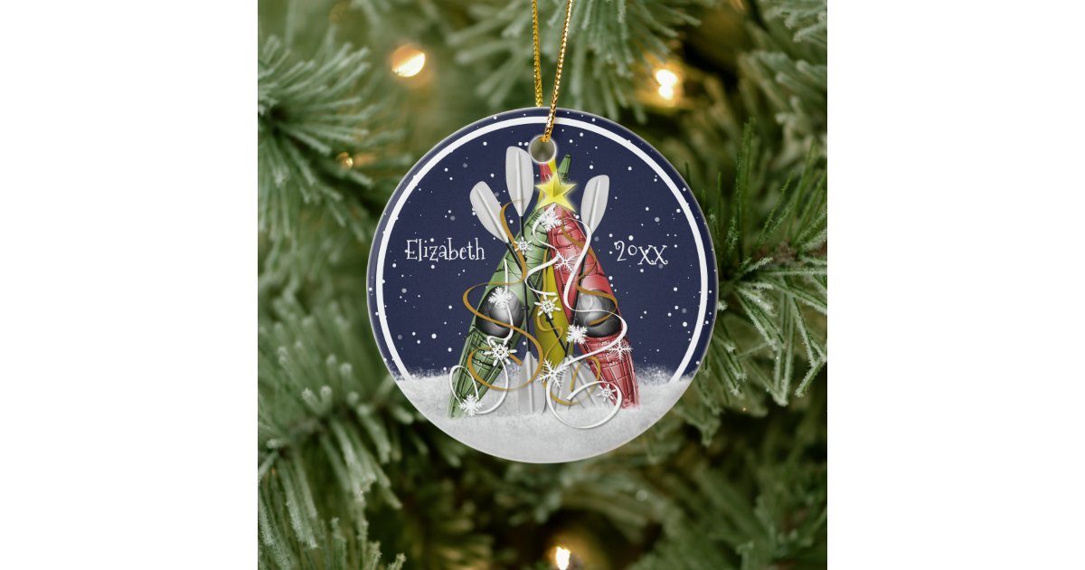 Kayak Christmas Tree winter kayaks paddles Ceramic Ornament Zazzle