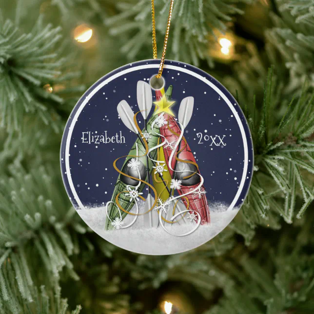 Kayak Christmas Tree winter kayaks paddles Ceramic Ornament Zazzle