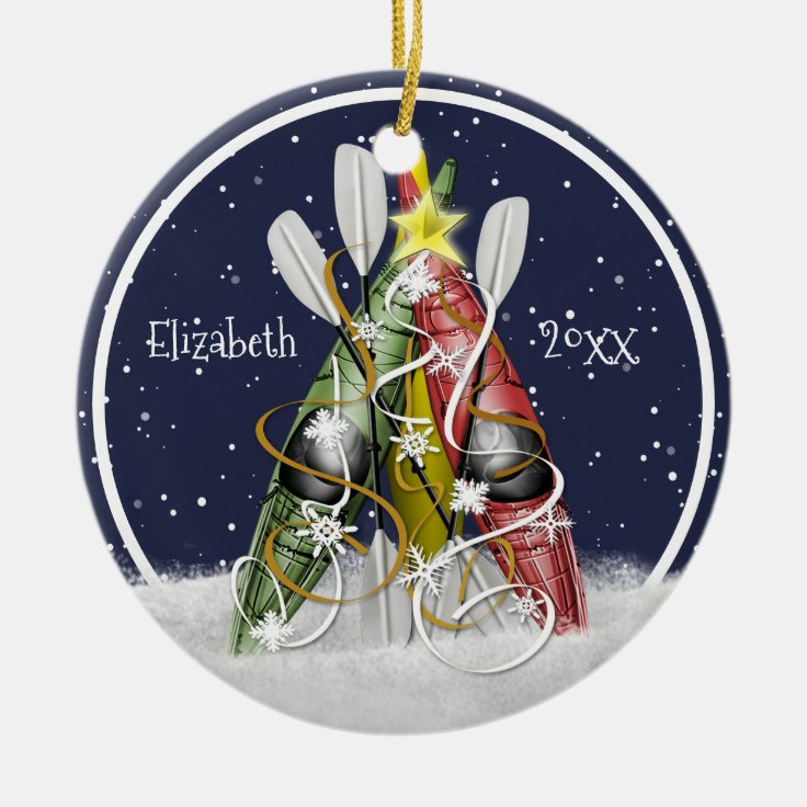 Kayak Christmas Tree winter kayaks paddles Ceramic Ornament Zazzle