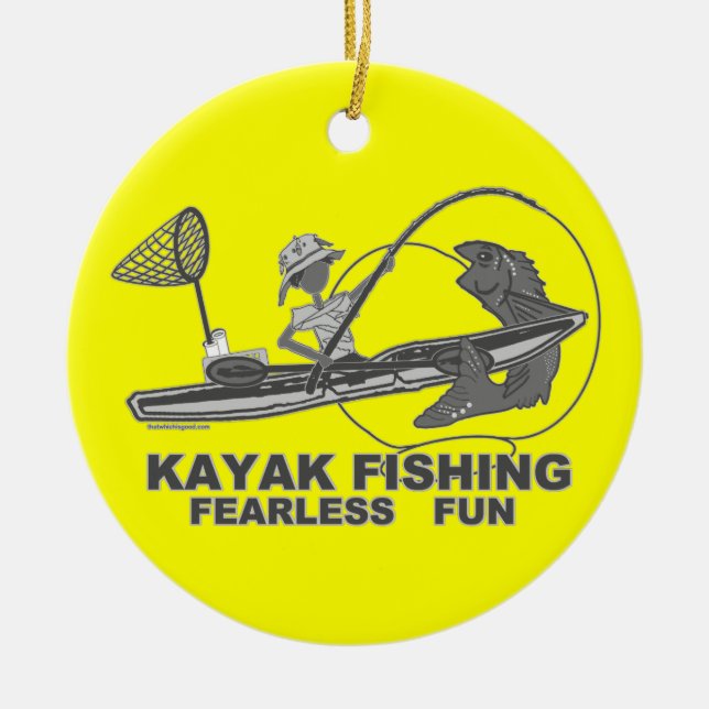 Kayak Fishing Black & White Whimsy Ceramic Ornament (Front)