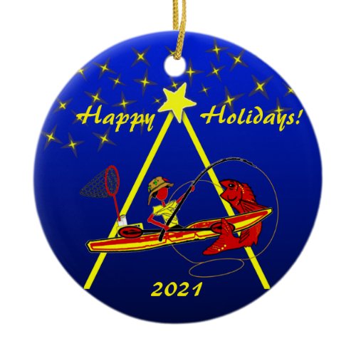 Kayak Fishing Happy Holidays Ceramic Ornament