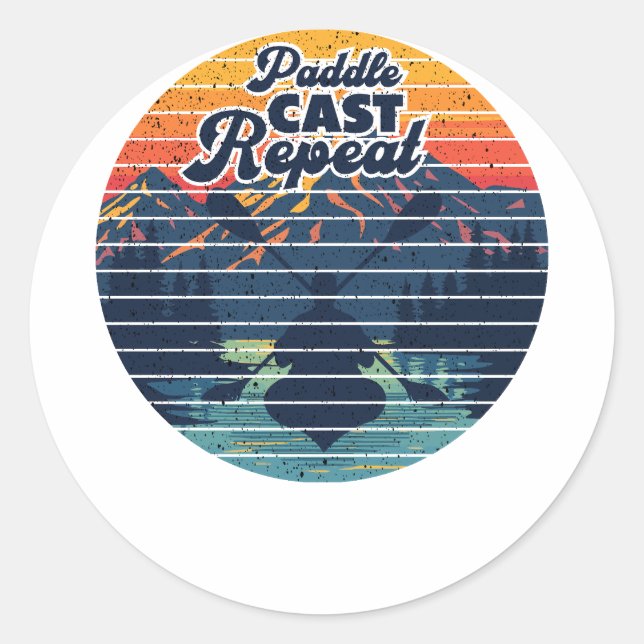 Kayak Fishing Paddle Retro Sunset Classic Round Sticker (Front)