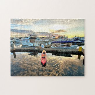 Kayak Floating Over Clouds and Sunset Reflection
