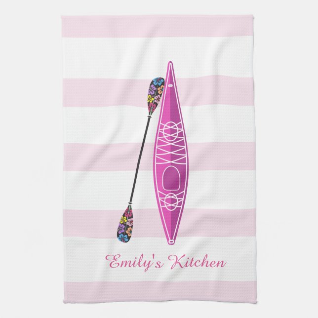 Kayak Girl Pink Stripes Kitchen Towel (Vertical)