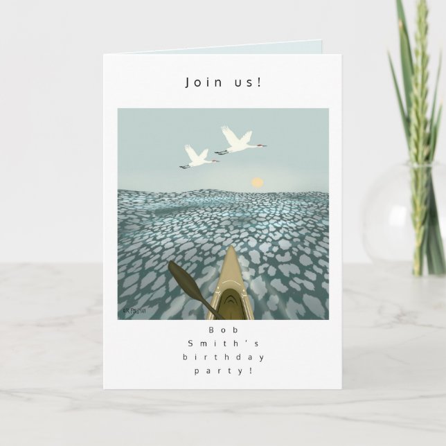 Kayak in water with cranes flying over Invitation (Front)