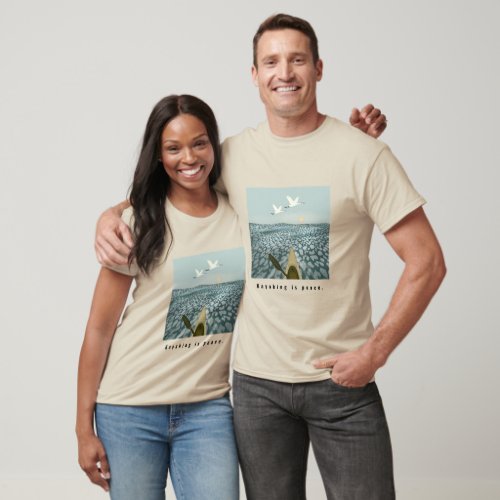 Kayak in water with cranes flying overhead T_Shirt
