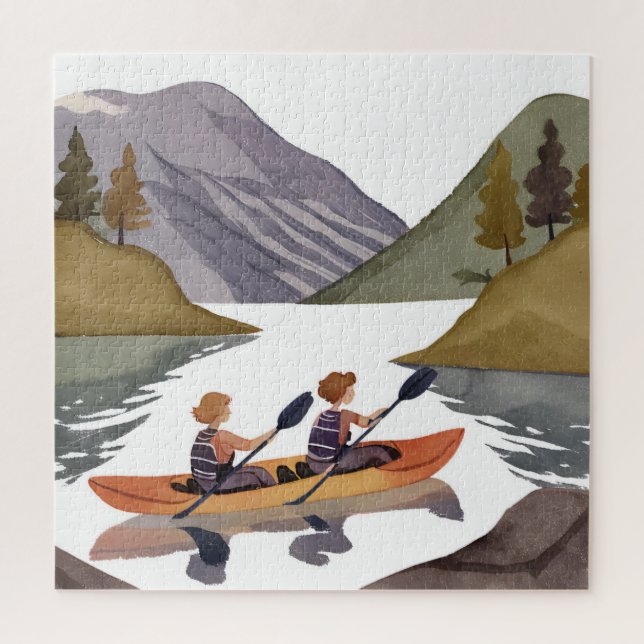 Kayak Ride on Lake | Mountain Nature Watercolor Jigsaw Puzzle (Vertical)