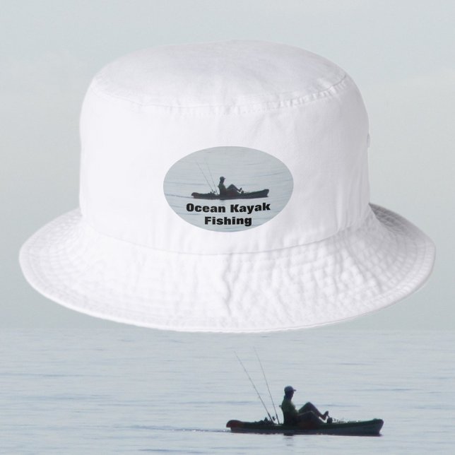 Kayak Silhouette Ocean Kayaking Fishing Bucket Hat (On the lake or ocean, this hat is a great gift for any kayak fisherman with its customizable text.)