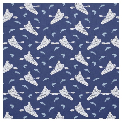 Kayaks and Fish Navy Blue and White Patterned Fabric