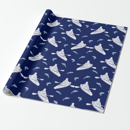 Kayaks and Fish Navy Blue and White Patterned Wrapping Paper