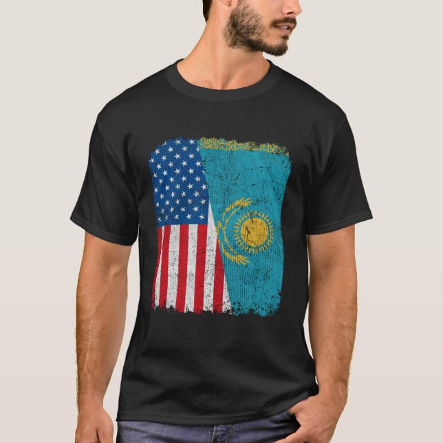 Kazakh American Flag Half USA Kazakhstan Root Prou T-Shirt (Front)