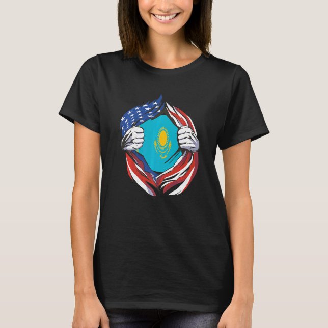Kazakhstan Flag American Proud of My Kazakh Herita T-Shirt (Front)