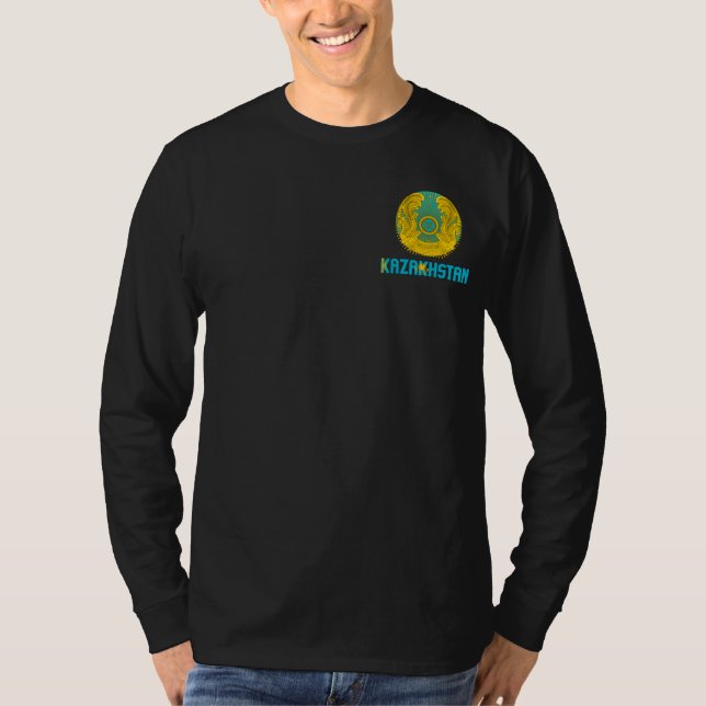 Kazakhstan Flag and Coat of Arms Patriotic T-Shirt (Front)