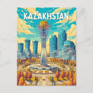 Kazakhstan Illustration Travel Art Vintage Postcard
