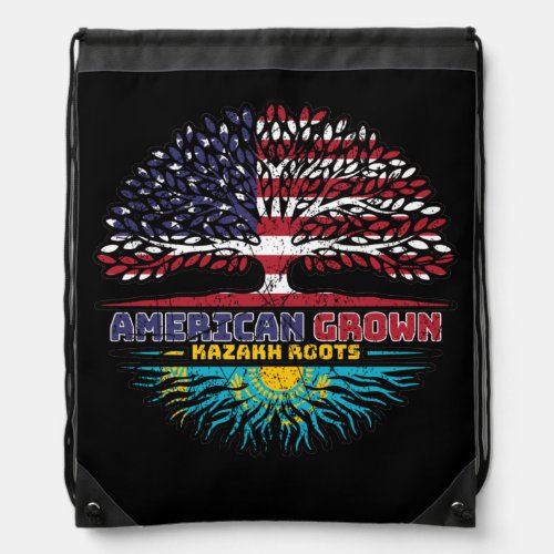 Kazakhstan Kazakh American USA Tree Roots Flag Drawstring Bag