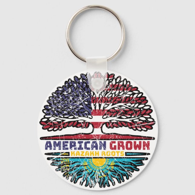 Kazakhstan Kazakh American USA Tree Roots Flag Keychain (Front)
