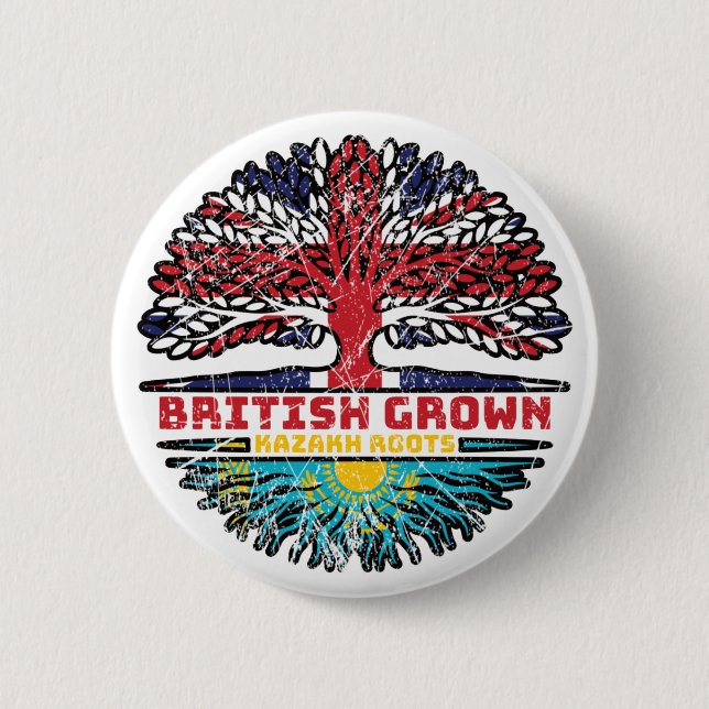 Kazakhstan Kazakh British UK Tree Roots Flag Button (Front)