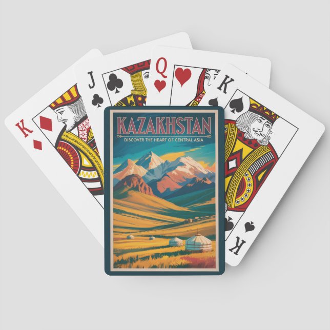 Kazakhstan Steppes Illustration Travel Art Vintage Poker Cards (Back)