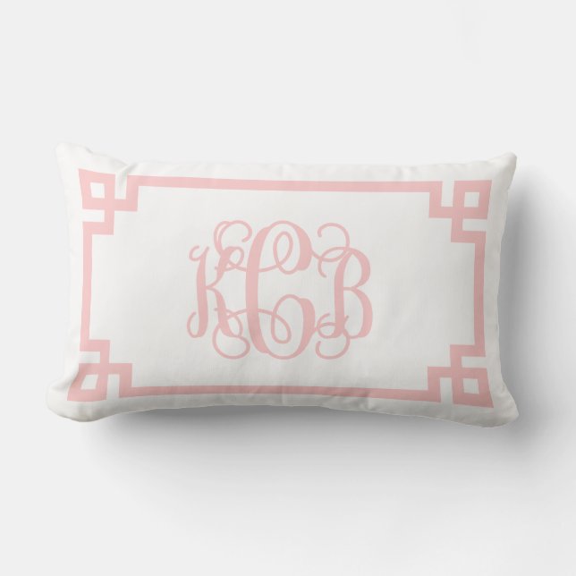 KCB Light Pink Greek Key Script Monogram Lumbar Pillow (Front)
