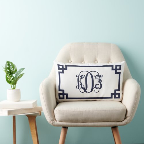 KDF Navy and White Greek Key Script Monogram Lumbar Pillow