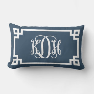 KDH Lake Blue and White Greek Key Script Monogram Lumbar Pillow