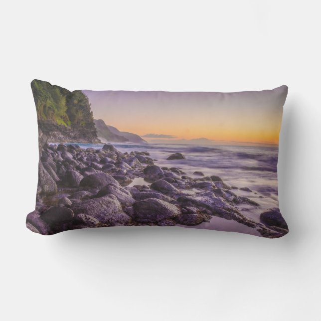 Ke’e Beach and Poipu Sunrise Hawaiian Reversible Lumbar Pillow (Front)