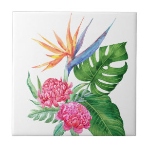 Kealoha- (White) Hawaiian Flower Arrangement Ceramic Tile