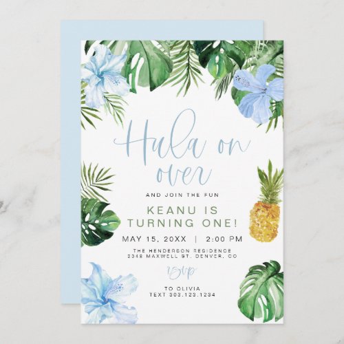 KEANU Beach Blue Hibiscus Luau Hula 1st Birthday Invitation