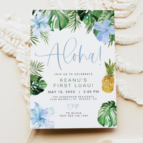 KEANU Beach Blue Hibiscus Luau Hula 1st Birthday Invitation