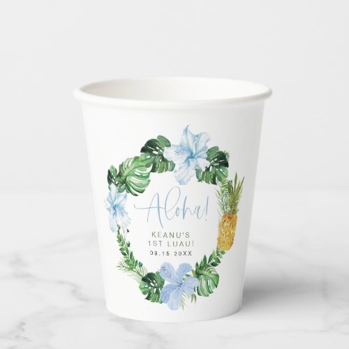 KEANU Tropical Blue Hibiscus Luau 1st Birthday Paper Cups