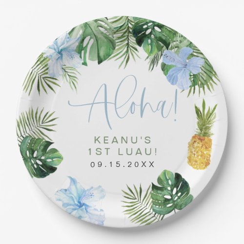 KEANU Tropical Blue Hibiscus Luau 1st Birthday Paper Plates
