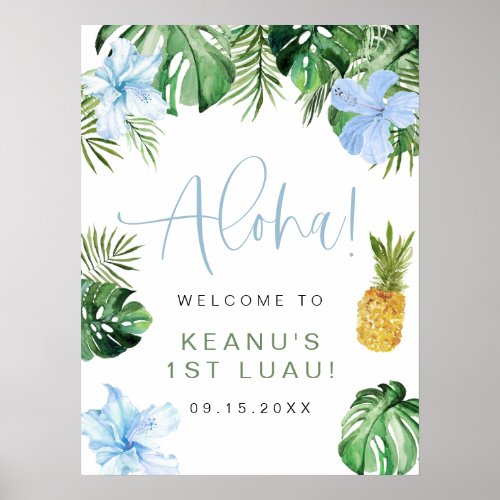 KEANU Tropical Blue Hibiscus Luau 1st Birthday Poster