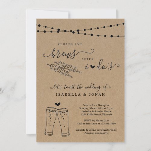 Kebabs & Brews After I Do Reception Only Elopement Invitation - Invitation features hand-drawn kebabs and beer toast artwork on a wonderfully rustic kraft background.

Coordinating RSVP, Details, Registry, Thank You cards and other items are available in the 'Rustic Brewery Line Art' Collection within my store.