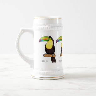 Keel-billed toucan bird cartoon illustration  beer stein
