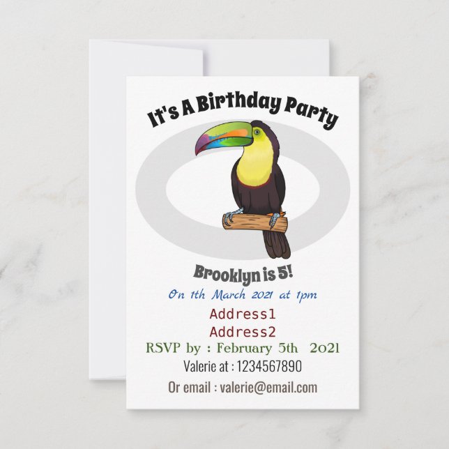 Keel-billed toucan bird cartoon illustration  invitation (Front)