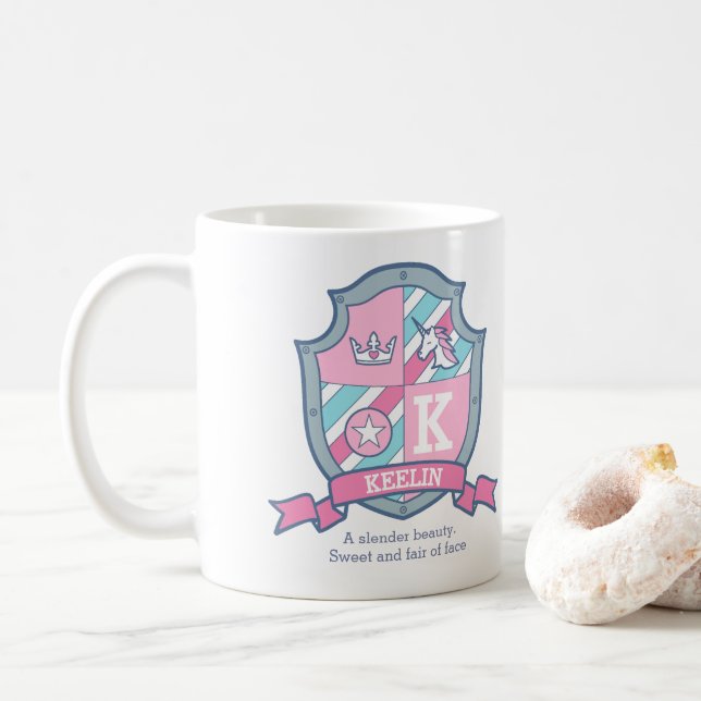 Keelin princess crest pink aqua blue name meaning coffee mug (With Donut)