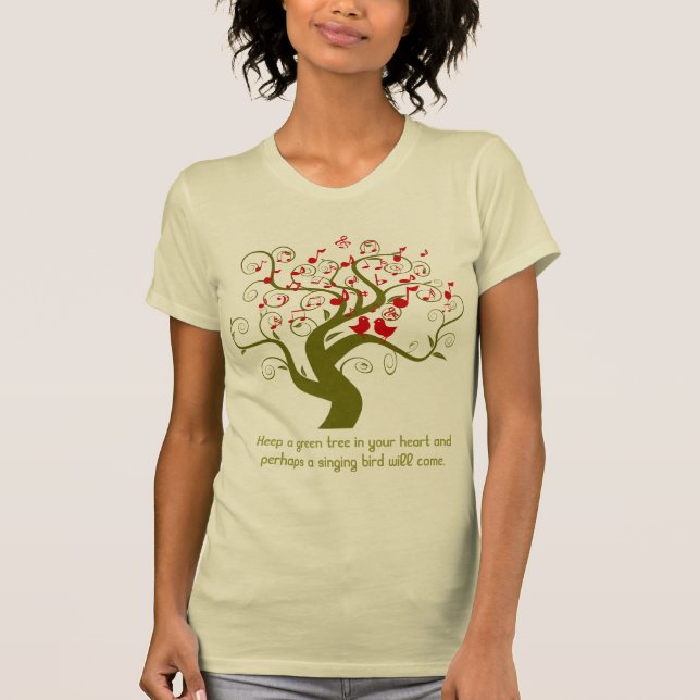 Keep A Green Tree In Your Heart Red Birds & Notes T-Shirt (Front)