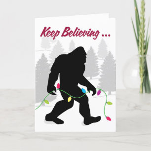 Keep Believing, Bigfoot with Christmas Tree Lights Holiday Card
