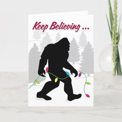 Keep Believing Bigfoot with Christmas Tree Lights Holiday Card