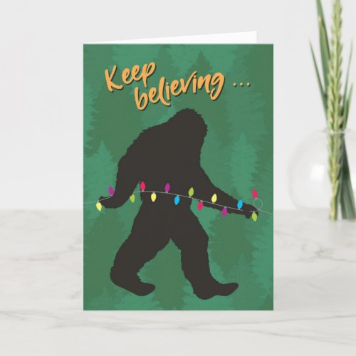 Keep Believing Bigfoot with Christmas Tree Lights Holiday Card