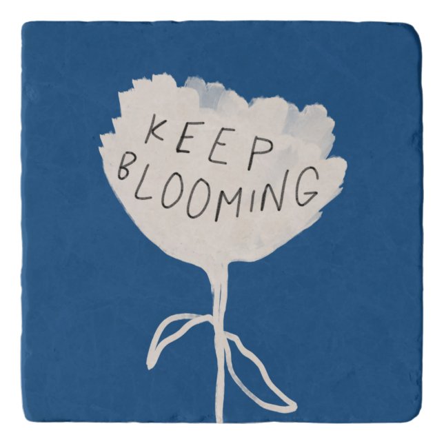 Keep Blooming Inspirational Quote Navy Blue White  Trivet (Front)