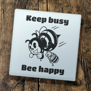 Keep Busy Be Happy Busy Bee Motivational Cartoon Glass Coaster