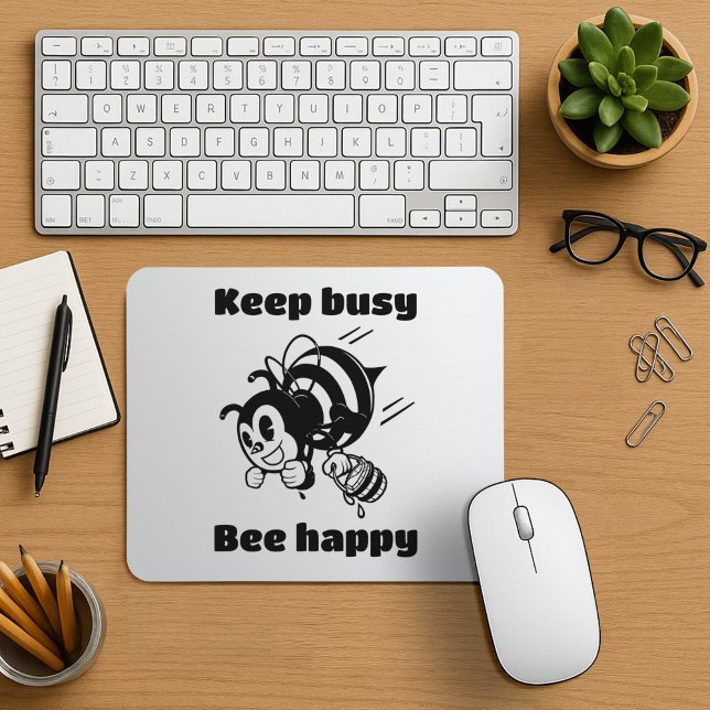 Keep Busy Be Happy Busy Bee Motivational Cartoon Mouse Pad (Creator Uploaded)