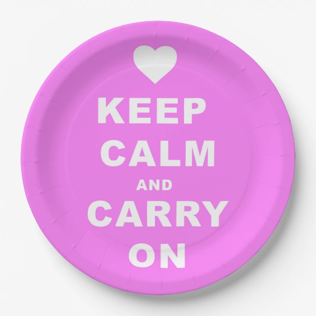 KEEP CALM AN CARRY ON Pink Paper Plates (Front)
