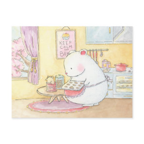 Keep calm and bake polar bear bunny watercolour postcard