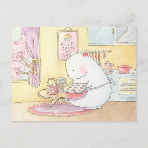 Keep calm and bake polar bear bunny watercolour postcard